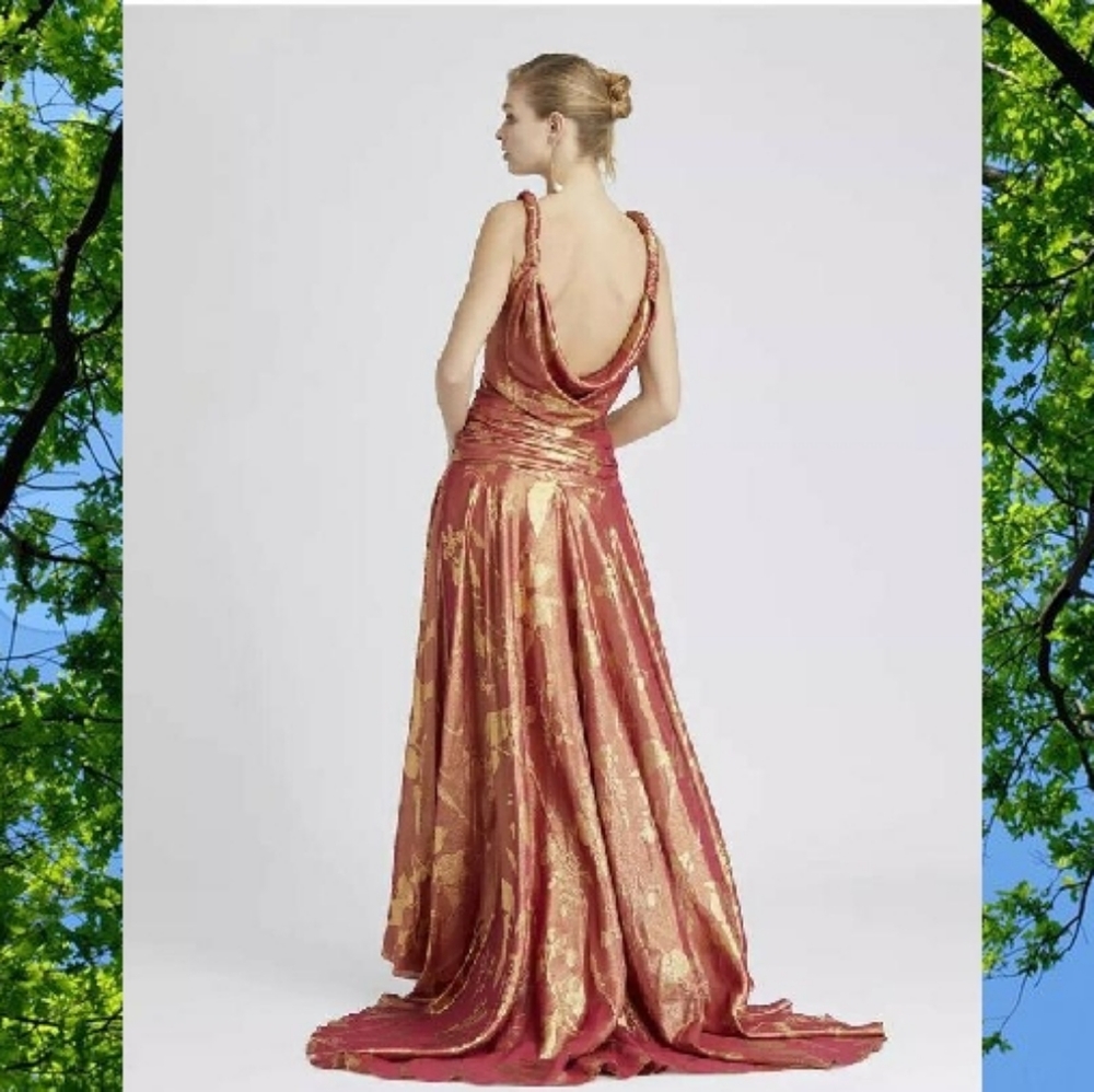 *$8,000 NWT OSCAR DE LA RENTA RED ORANGE GOLD SILK RUNWAY GOWN US 0 XS - Picture 9 of 11